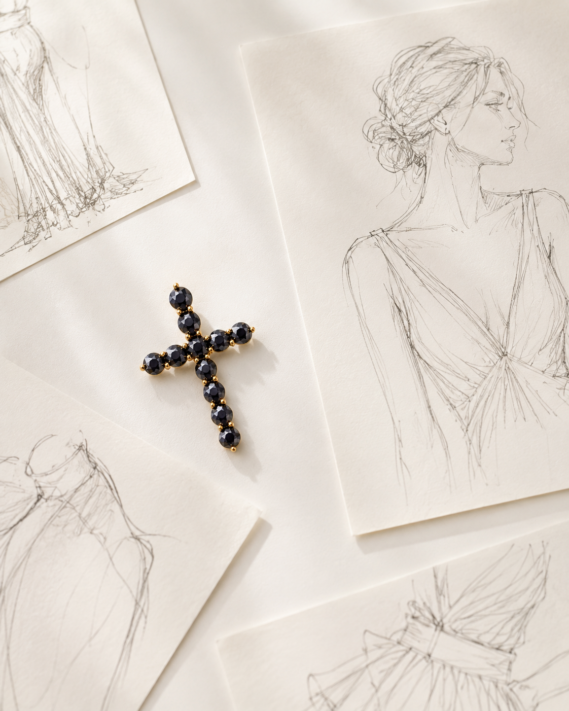 Beata Black Diamond Cross Pendant in Yellow Gold