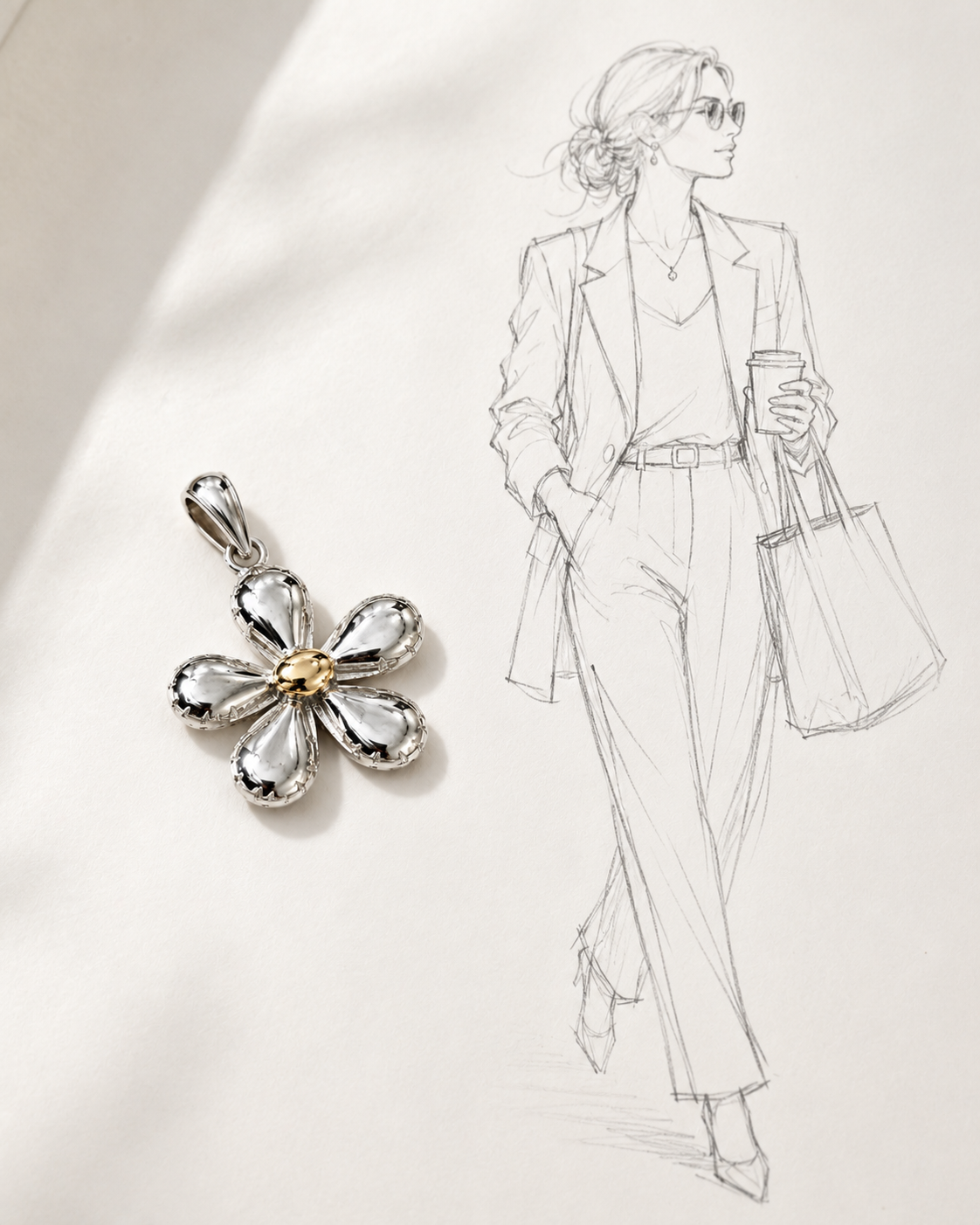 Delphine Two-toned Gold Flower Pendant