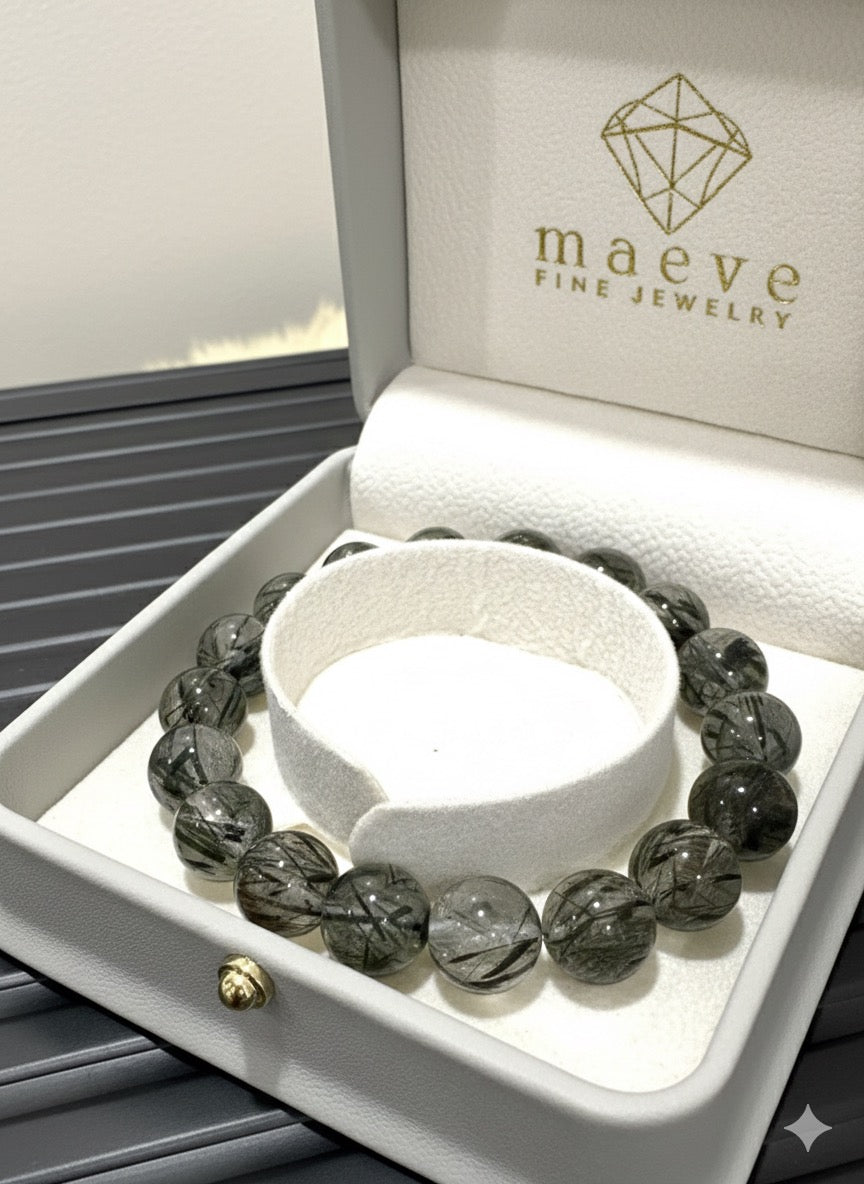 Tourmalinated Quartz Bracelet with 12mm Beads