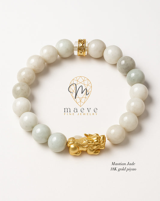 Maotian Jade Bracelet 10mm with 18K Gold Piyao