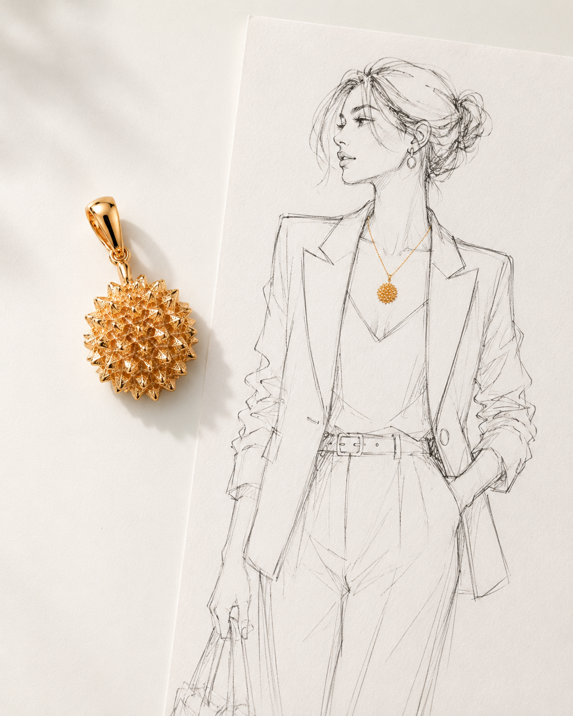 Gold Durian Chunky Pendant in Yellow Gold