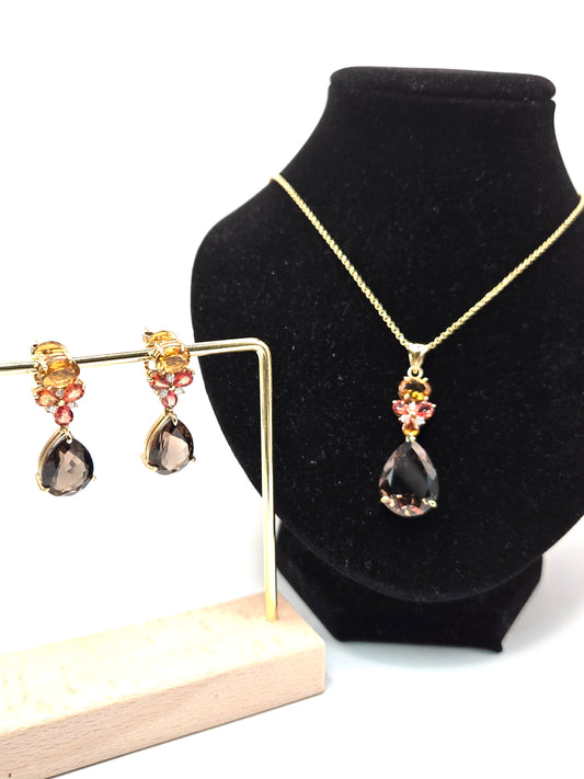 Soft Fire Citrine, Sapphire and Smokey Topaz Earrings and Necklace Set