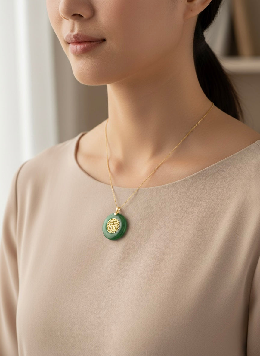 Green Jade Round Pendant in 18K Yellow Gold (Pendant Only)