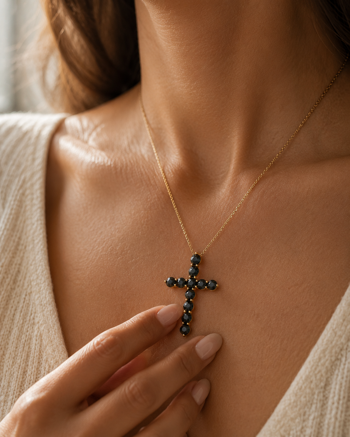 Beata Black Diamond Cross Pendant in Yellow Gold