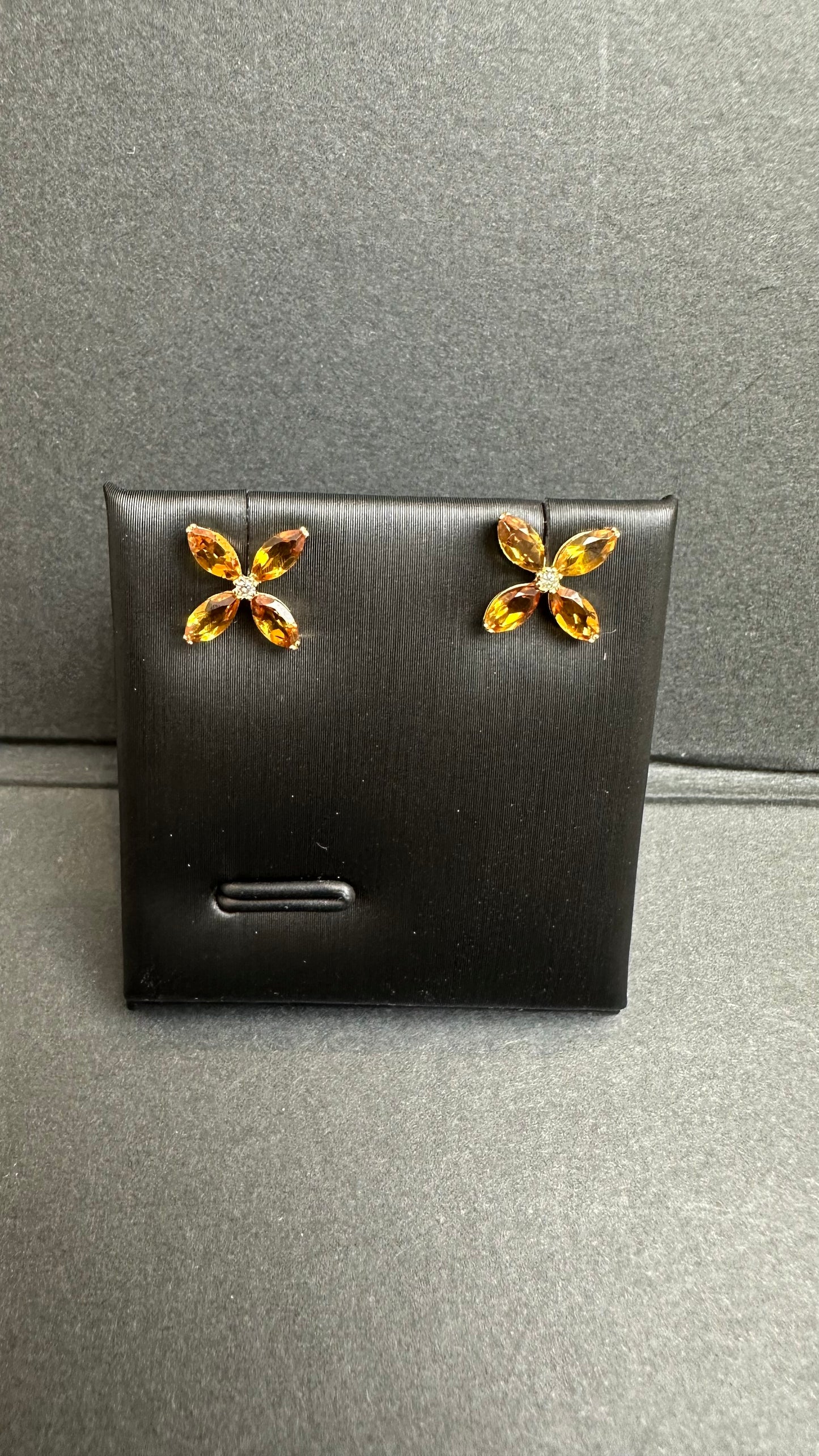 Natural Citrine Flower Stud Earrings with Diamond