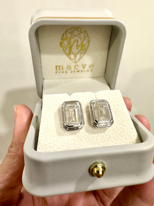 Maeve Atelier: 3 + 3 carats Emerald Cut Bezel Set Studs
