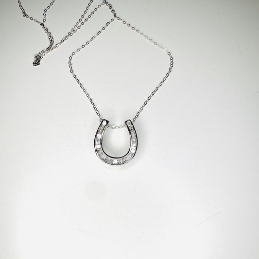 Horseshoe Baguette Diamond Pendant Necklace (White Gold)