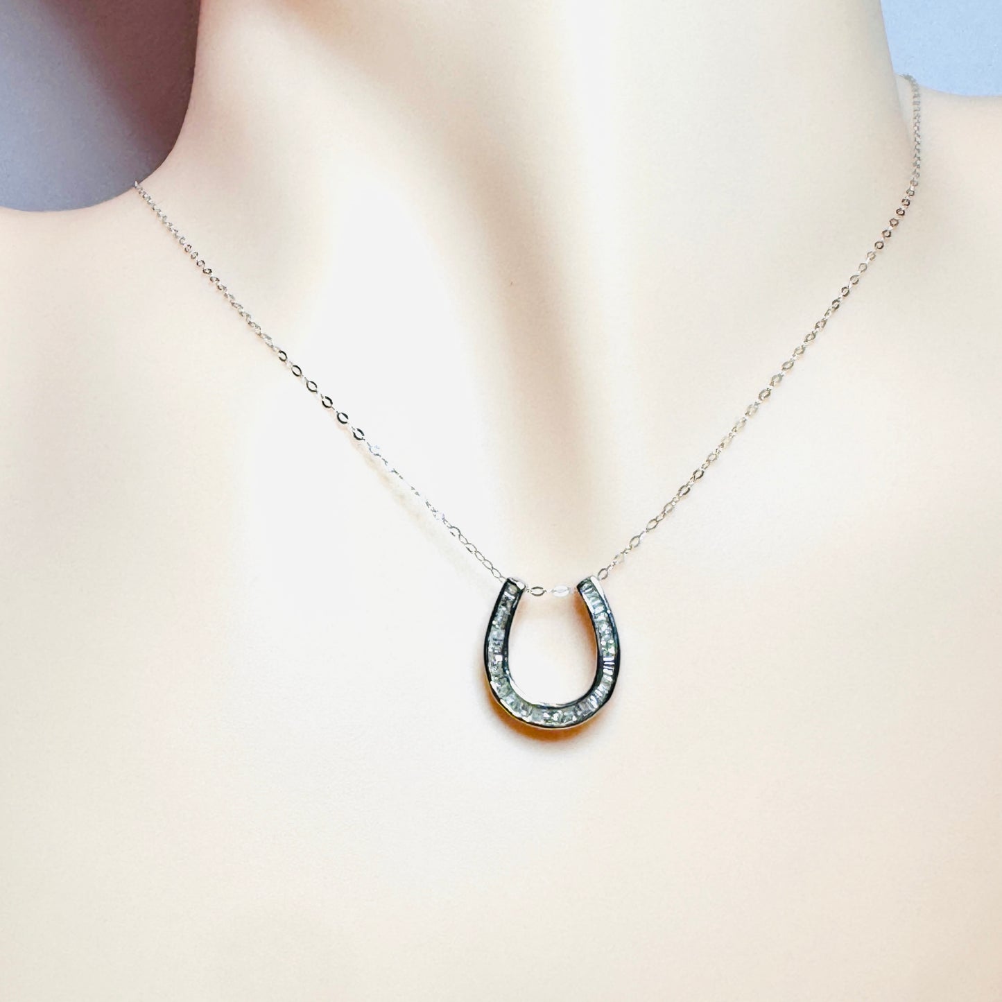 Horseshoe Baguette Diamond Pendant Necklace (White Gold)