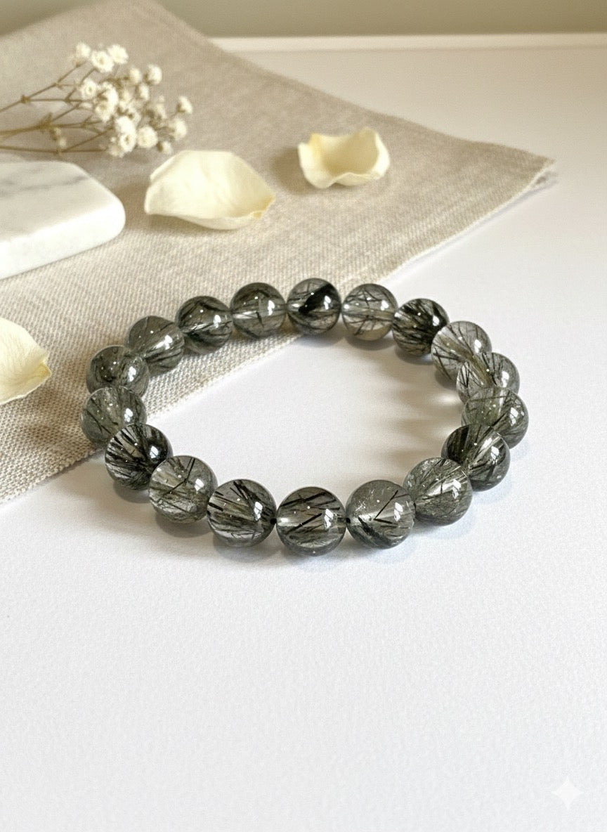 Tourmalinated Quartz Bracelet with 12mm Beads