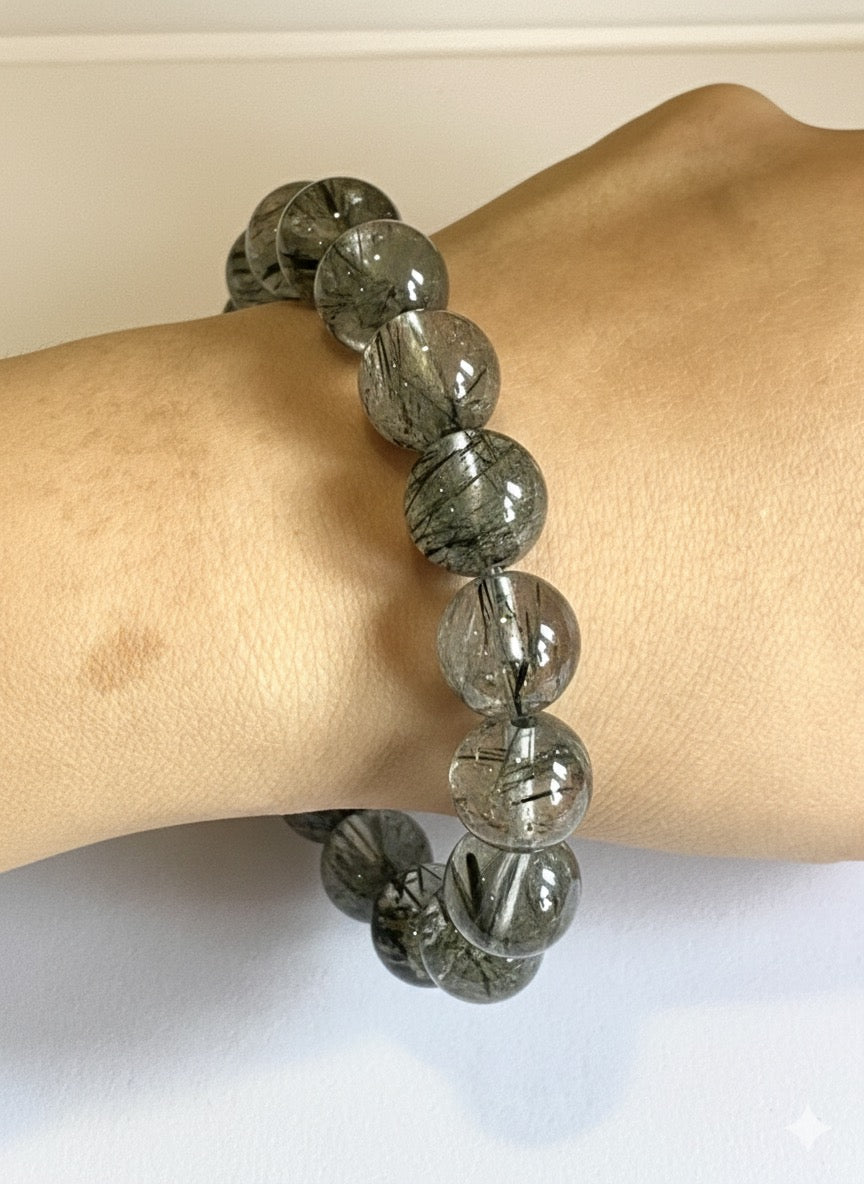 Tourmalinated Quartz Bracelet with 12mm Beads